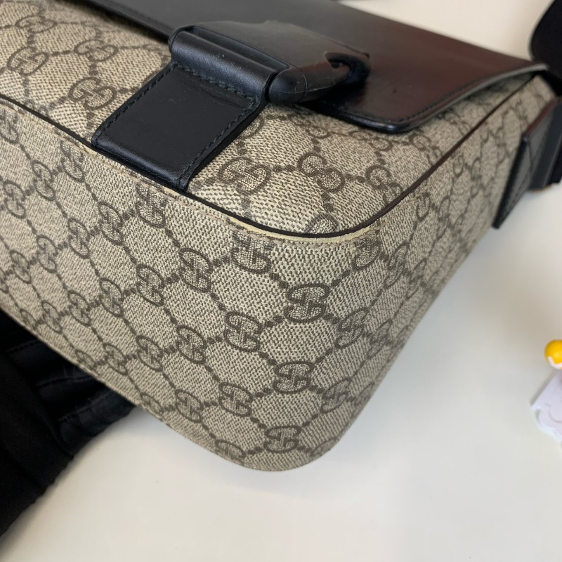 Gucci 男士肩背包郵差包帆布拼皮黑色/烏木色經典老花斜背包-12