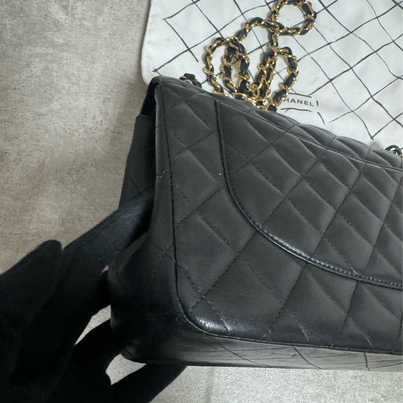 正品 Chanel jumbo 黑金羊皮鏈條包-11