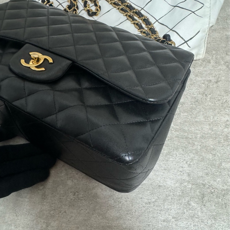 正品 Chanel jumbo 黑金羊皮鏈條包-13