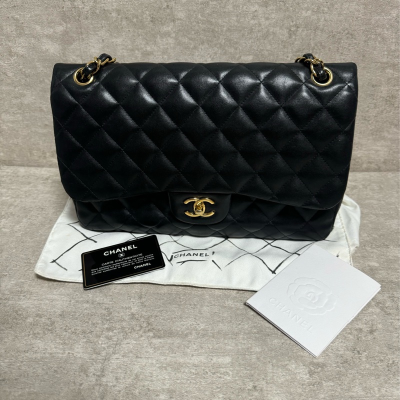 正品 Chanel jumbo 黑金羊皮鏈條包-21