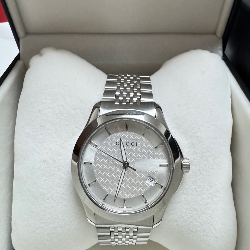 GUCCI G-Timeless 白色錶盤 銀色不鏽鋼錶帶 石英 男士YA126401-7