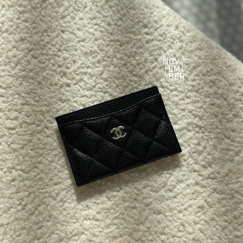 Chanel 黑色銀釦 荔枝皮卡包-0
