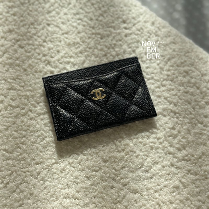 Chanel 黑色銀釦 荔枝皮卡包-1