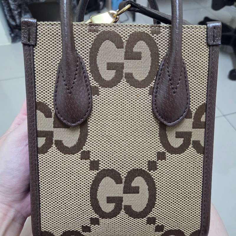 GUCCI 古馳 Jumbo GG 緹花布皮邊斜背手提迷你托特包/琴譜包-0