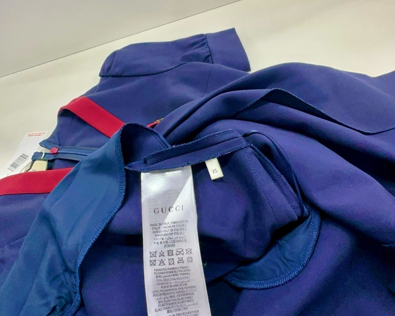 GUCCI古馳 拼色中長款V領後置拉鍊短袖連衣裙 女款 藍色-11