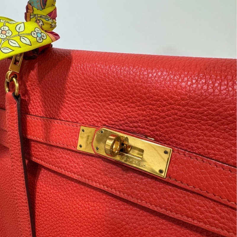 愛馬仕 Hermes Kelly 火焰紅 金扣 內縫 35 凱莉包 手提包 肩背包 斜背包 附絲巾-3
