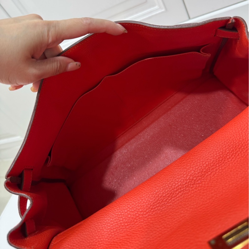 愛馬仕 Hermes Kelly 火焰紅 金扣 內縫 35 凱莉包 手提包 肩背包 斜背包 附絲巾-9