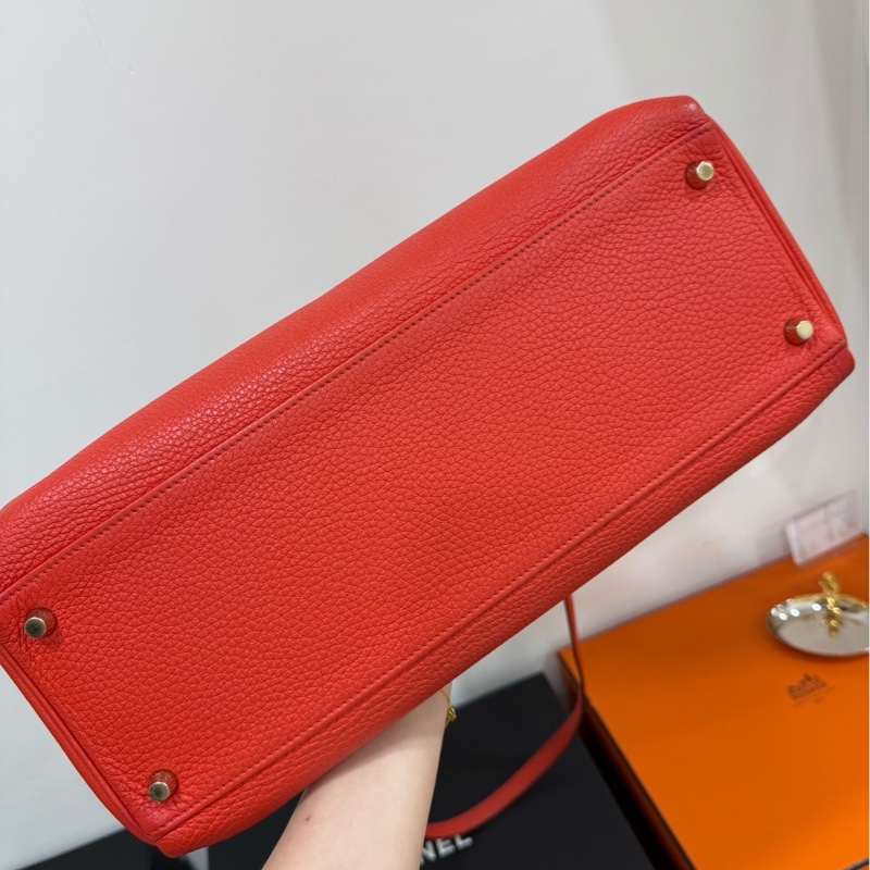 愛馬仕 Hermes Kelly 火焰紅 金扣 內縫 35 凱莉包 手提包 肩背包 斜背包 附絲巾-22