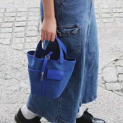 HERMES cargo海軍藍菜籃子18手提包18*18*14 98新配件塵袋鑰匙鎖購證