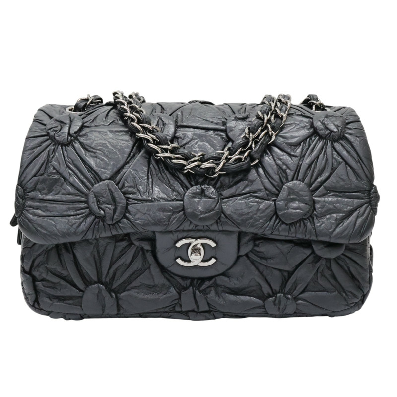 黑色 羊皮 Lemarie Flap Bag Draped 鍊帶 肩背包 銀扣-0