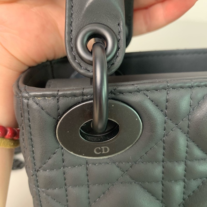 Dior迪奧 Lady戴妃三格 黑色啞光經典菱格紋 手提包肩背包-24