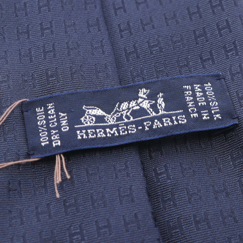 HERMES H 圖案領帶絲質絲綢海軍藍二手男式-3