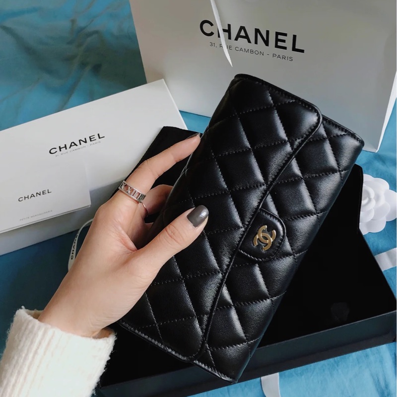 💗香緹國際精品💗 Chanel CF羊皮長夾 黑金 保卡款-0