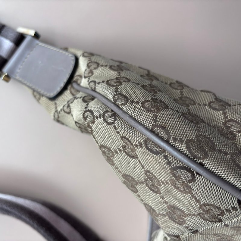 ::GUCCI:: 181092 米色烏木色GG帆布薰衣草紫色織帶半月包 斜背包-21