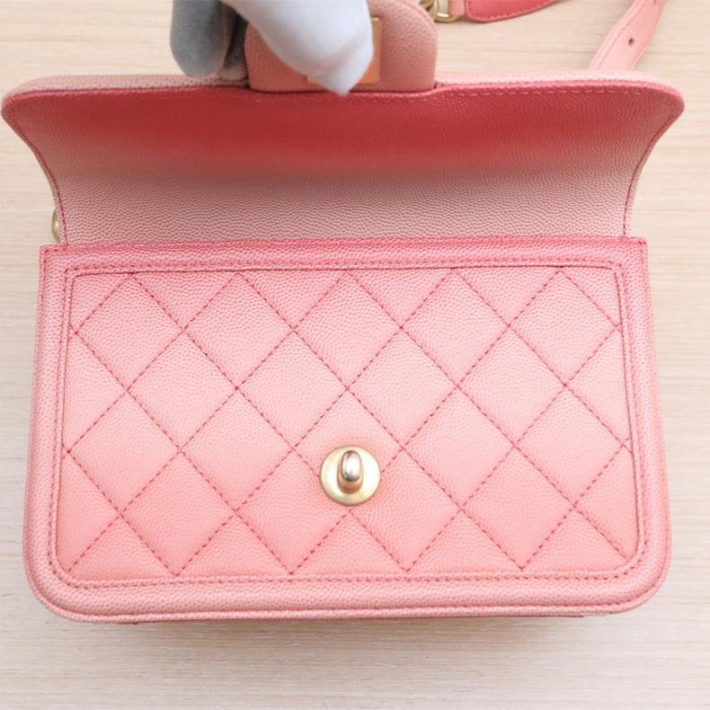 香奈兒腰包 突變粉紅金扣翻蓋 突變色荔枝皮革C 27開金扣-5