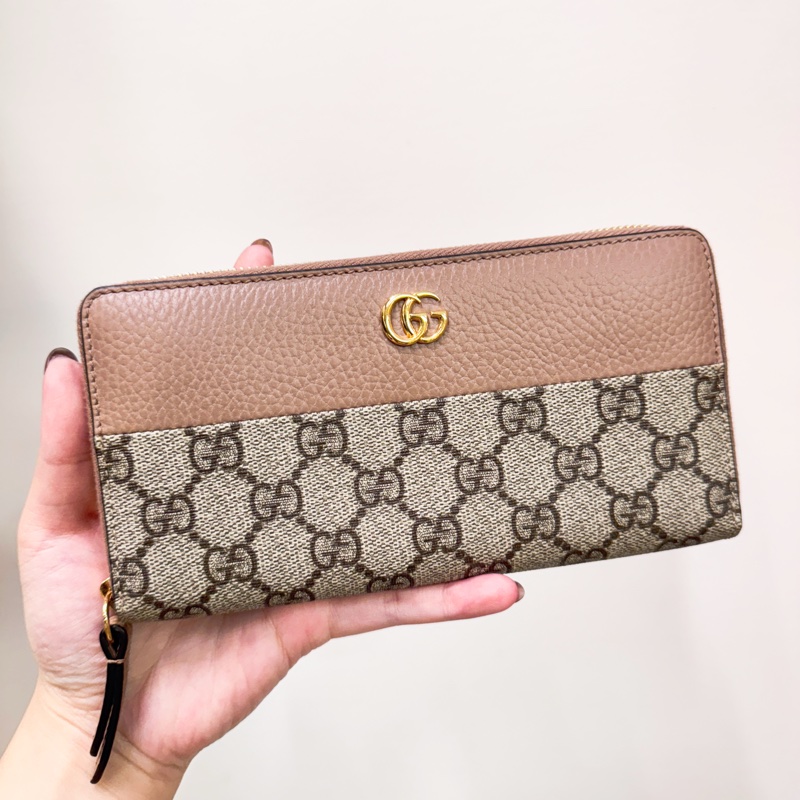 Gucci GG Marmont 藕粉牛皮PVC拉鍊長夾 近全新-0