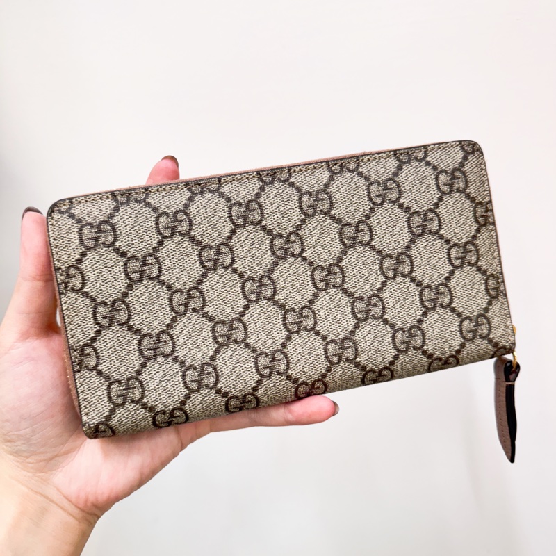 Gucci GG Marmont 藕粉牛皮PVC拉鍊長夾 近全新-1