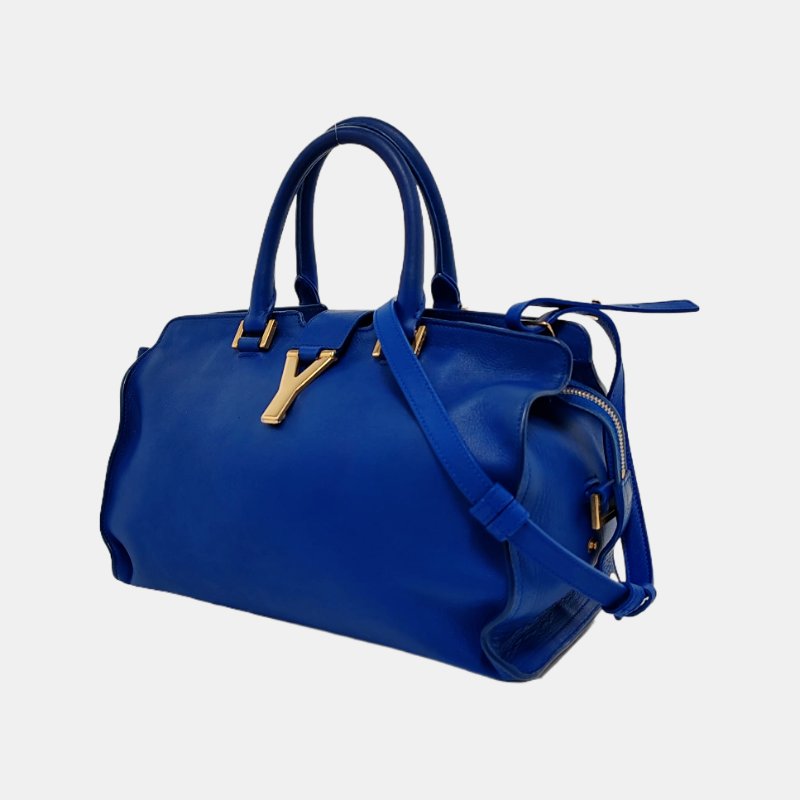 YSL CHYC Y LIGNE 小號 深藍色牛皮手提包肩背包 金色五金 可拆卸肩帶-2