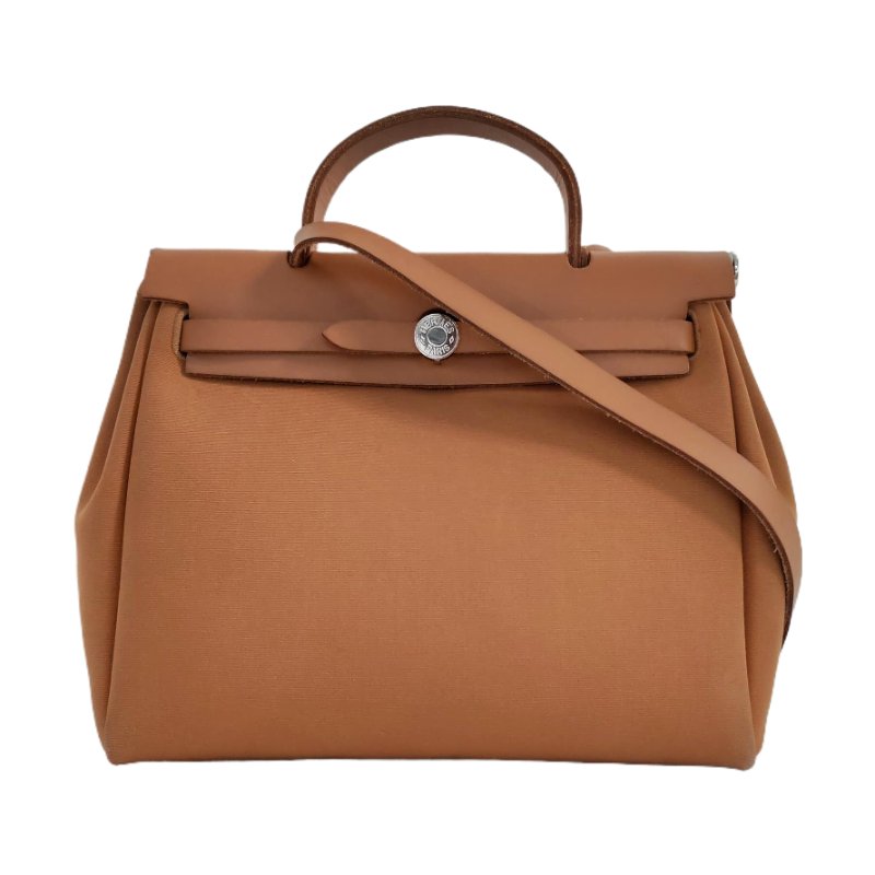 HERMÈS Herbag 31 芝麻棕帆布肩背包手提包 銀色五金 Z刻 子袋可拆卸肩帶-0