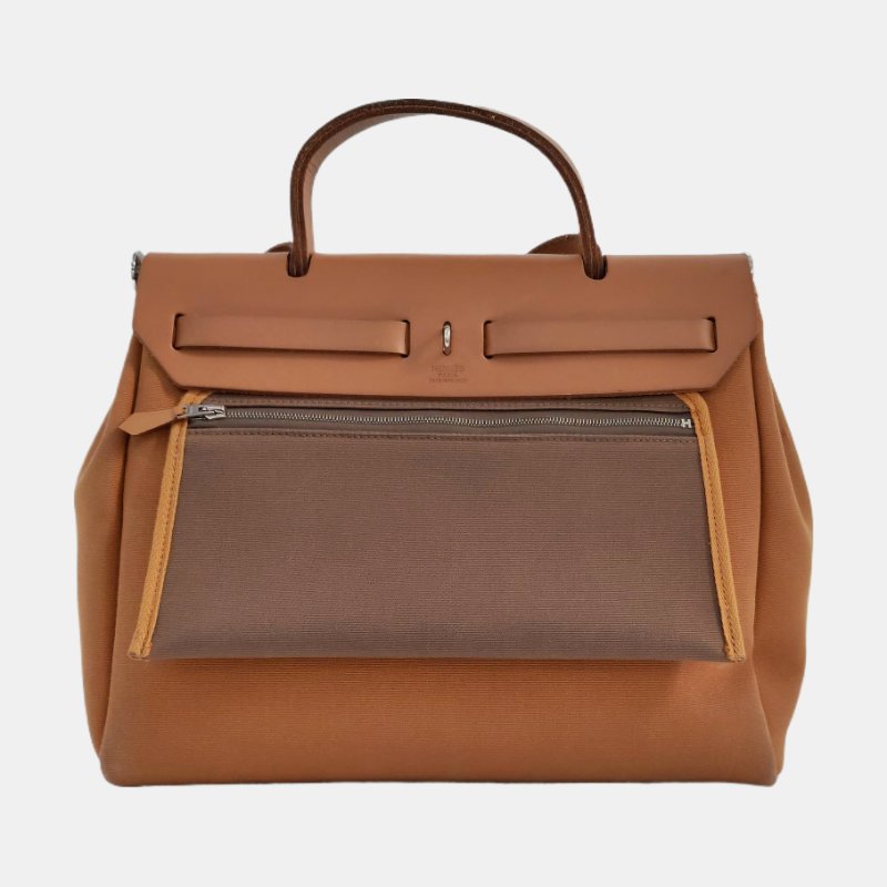 HERMÈS Herbag 31 芝麻棕帆布肩背包手提包 銀色五金 Z刻 子袋可拆卸肩帶-4