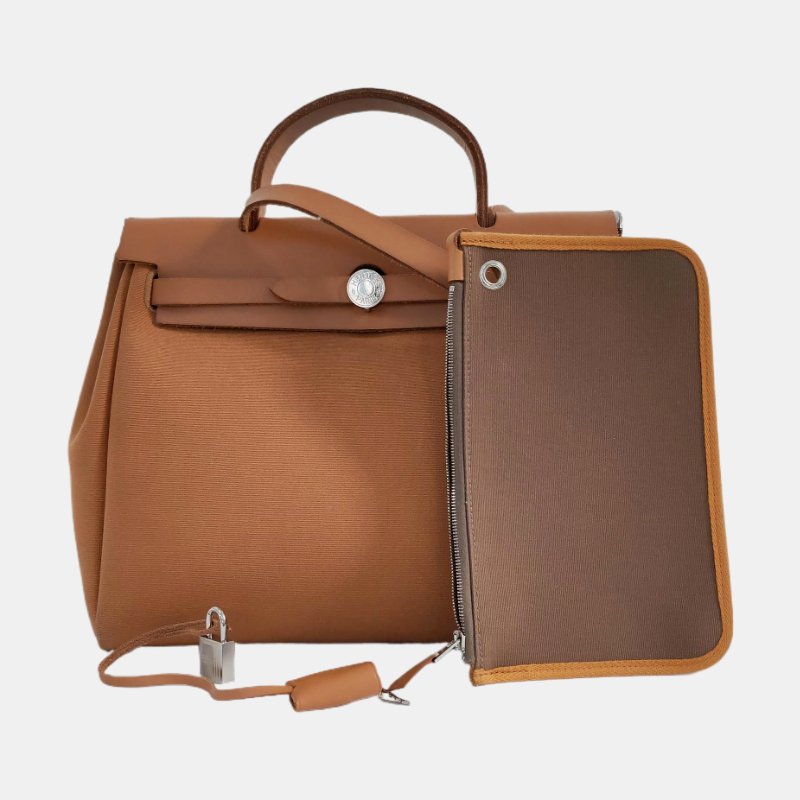 HERMÈS Herbag 31 芝麻棕帆布肩背包手提包 銀色五金 Z刻 子袋可拆卸肩帶-7