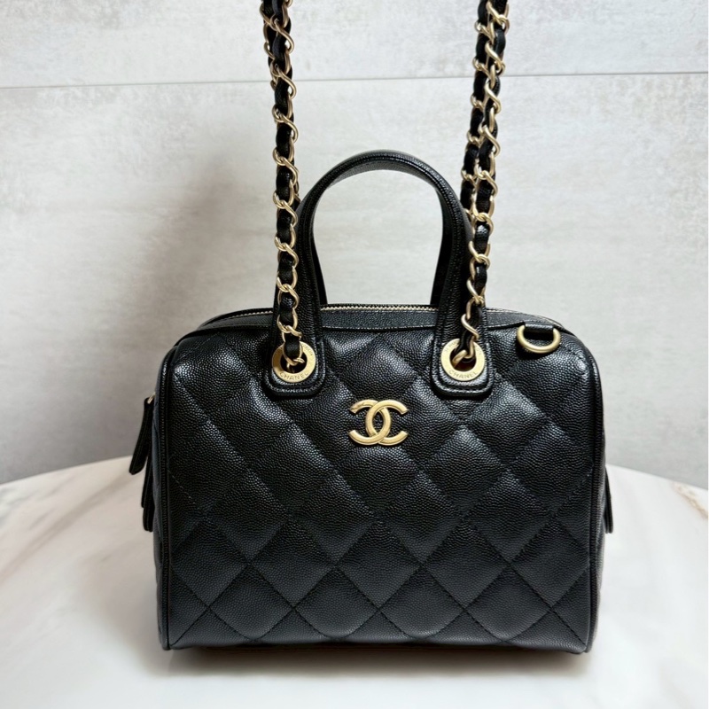 Chanel 25A保齡球包 黑金荔枝牛 晶片款 全新品-4