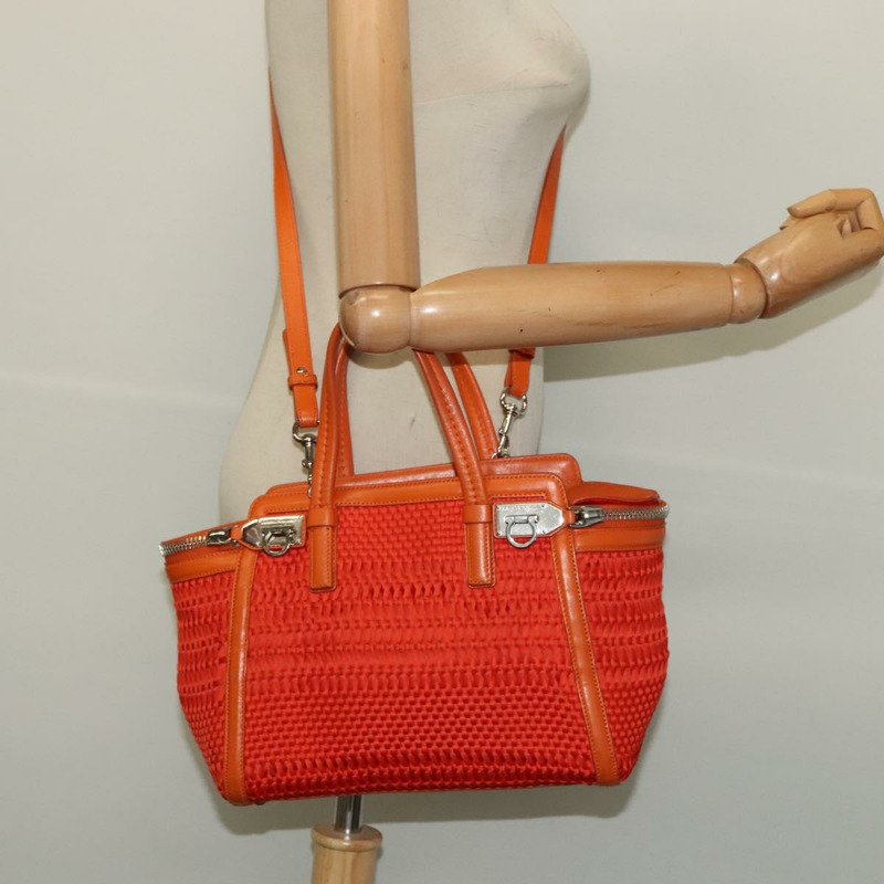 【日本直送】Salvatore Ferragamo Gancini 手袋 帆布 2 向 橙色 銀色 正品 142268-22