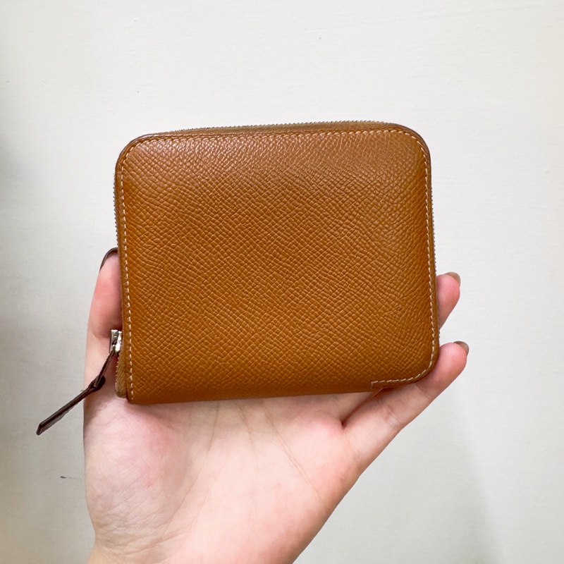 Hermes 37駝Epsom銀釦拉鍊絲巾短夾-0