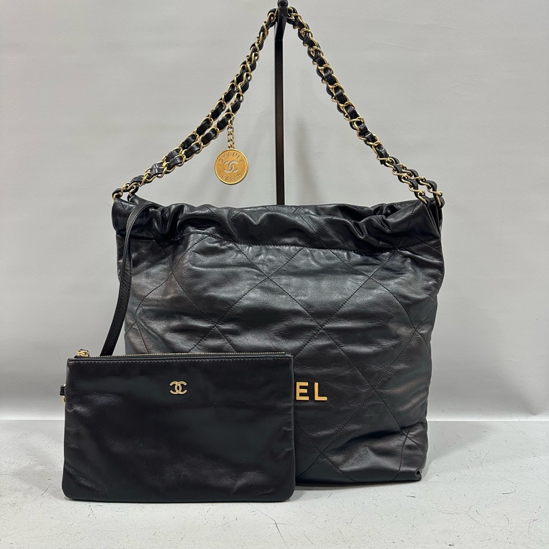 chanel AS3260 黑羊皮金釦肩背包 22 bag 小號-0