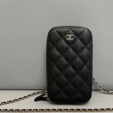 Chanel香奈兒 黑金牛皮荔枝紋鏈條手機包