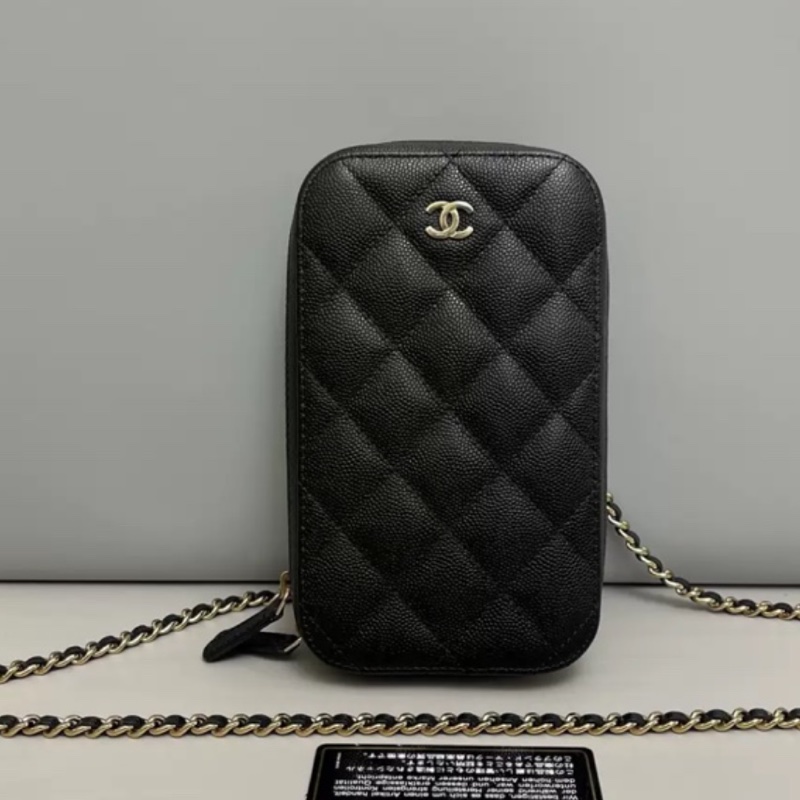Chanel香奈兒 黑金牛皮荔枝紋鏈條手機包-0