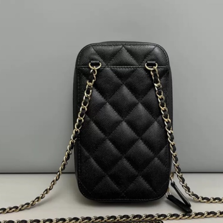Chanel香奈兒 黑金牛皮荔枝紋鏈條手機包-1