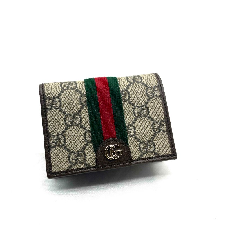 展示品出清 Gucci 經典老花Ophidia GG綠紅綠條對開短夾-0