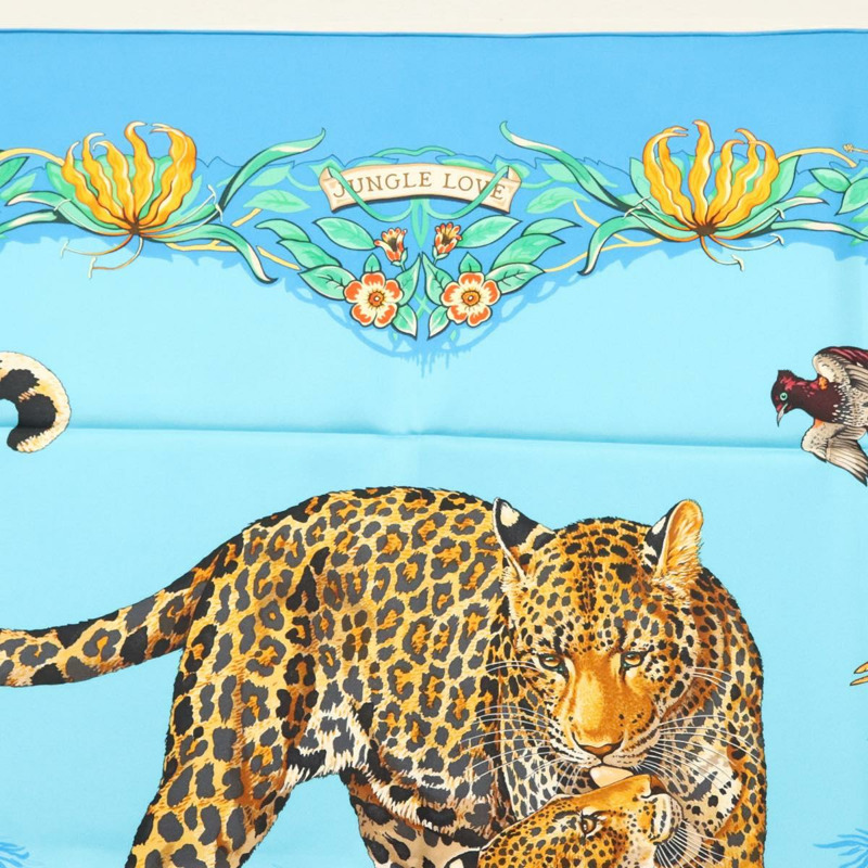 【日本直送】愛馬仕 Carre 90 絲巾「叢林之戀」藍色真絲款 Auth yk19443-2