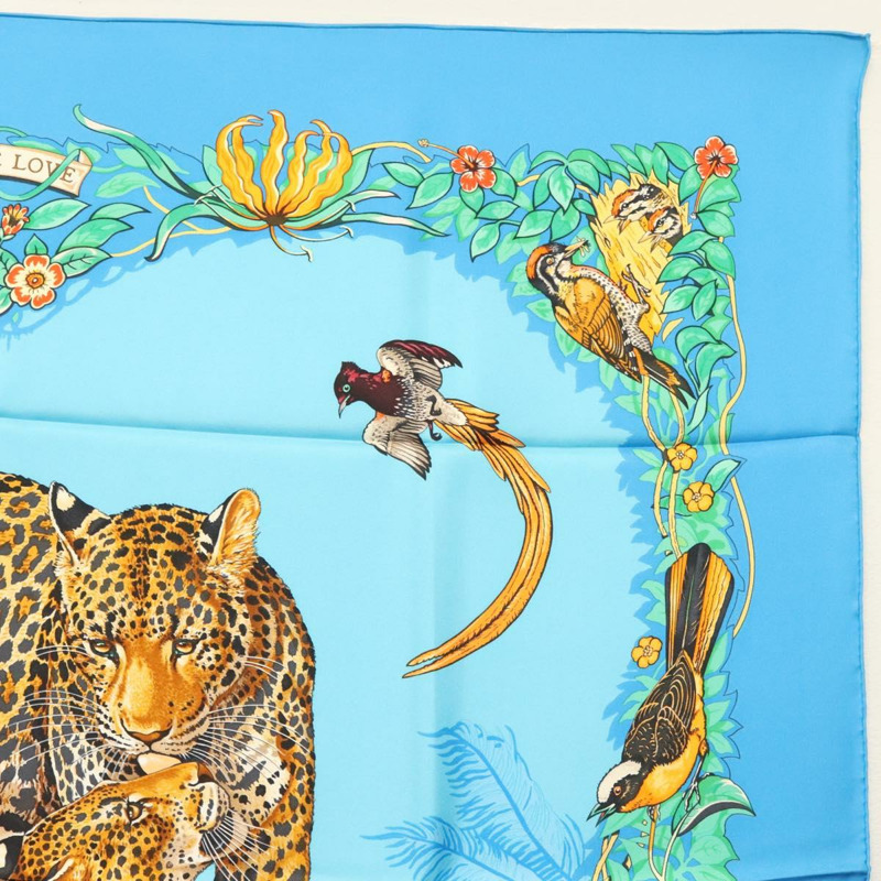 【日本直送】愛馬仕 Carre 90 絲巾「叢林之戀」藍色真絲款 Auth yk19443-3