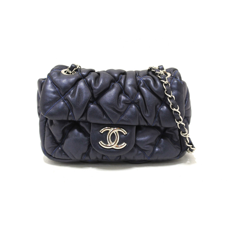Chanel Navy Blue Iridescent Lambskin Small Quilt Bubble Flap Crossbody Bag-0