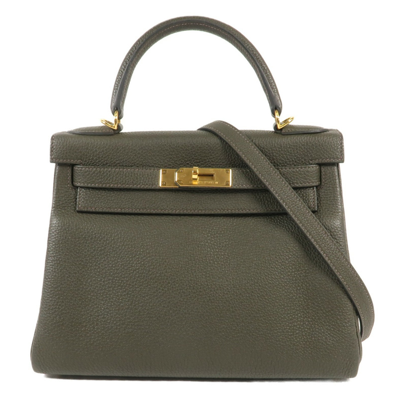 HERMES Togo皮革Kelly 28金扣手挽肩背兩用袋C6 Vert de Gris-0