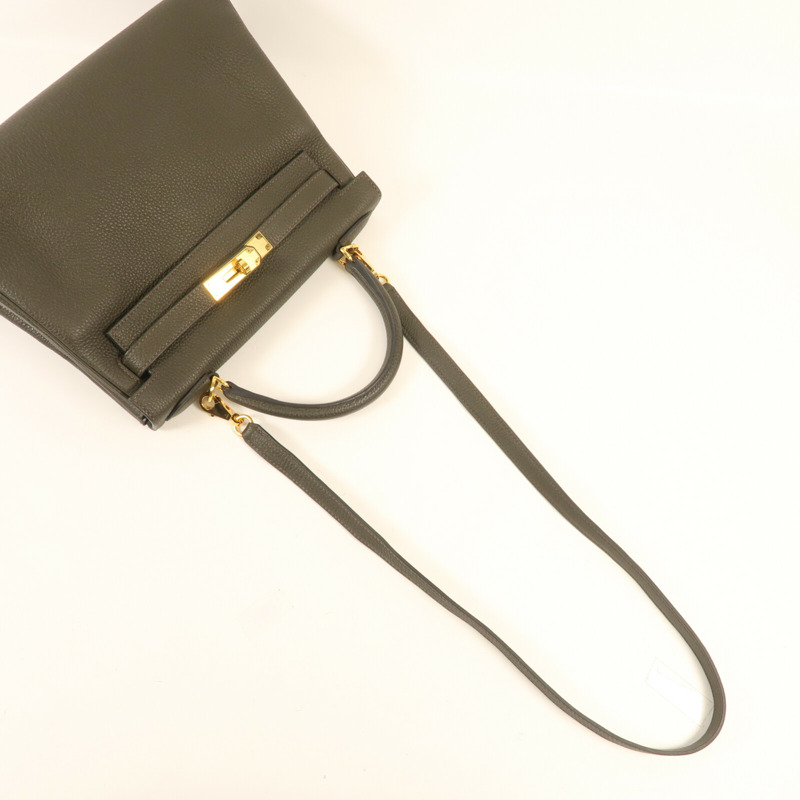 HERMES Togo皮革Kelly 28金扣手挽肩背兩用袋C6 Vert de Gris-8