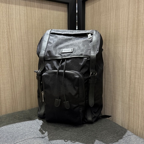 未使用 GUCCI 510336 黑色尼龍布面拼皮革銀扣束口後背包