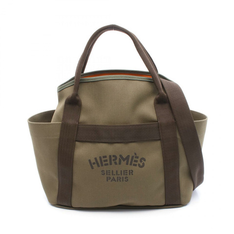 HERMES Sacked Pansage 單肩包 Toile Chevrons 帆布 卡其色 棕色 二手 X