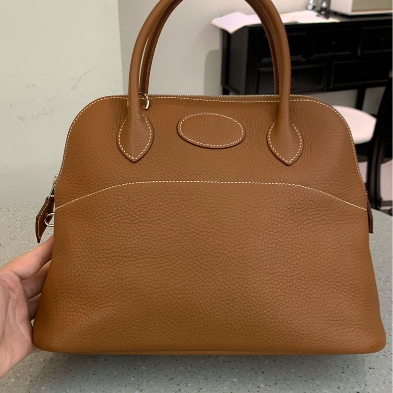HERMES Bolide金棕色銀扣保齡球包31手提肩背斜背包31*23*12 99新配件塵袋盒子鑰匙鎖-0