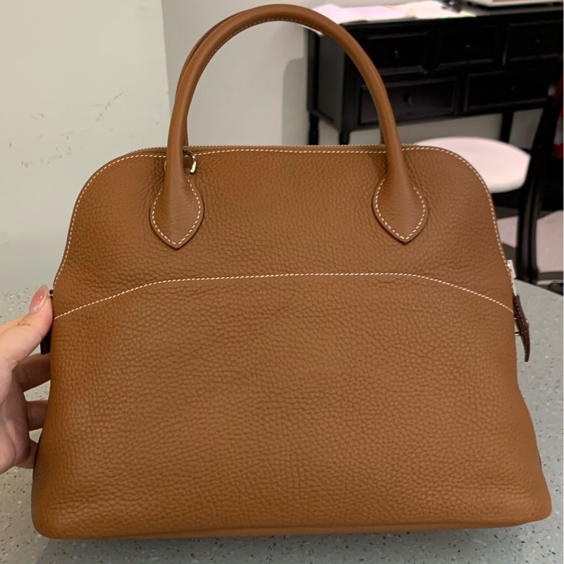 HERMES Bolide金棕色銀扣保齡球包31手提肩背斜背包31*23*12 99新配件塵袋盒子鑰匙鎖-2