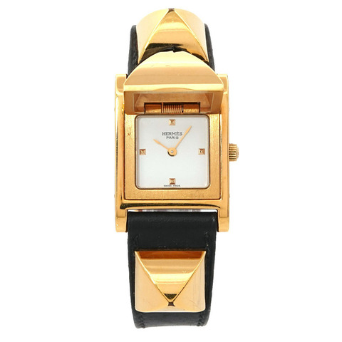 Hermès Medor 女士金字塔金質鉚釘腕錶，白色和黑色皮革材質，石英機芯