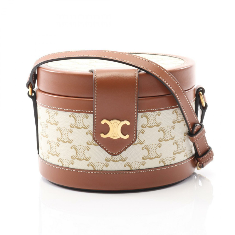 CELINE Tambour 中型 Triomphe 單肩包 帆布 皮革 白色 棕色 二手-0