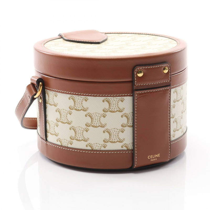 CELINE Tambour 中型 Triomphe 單肩包 帆布 皮革 白色 棕色 二手-1