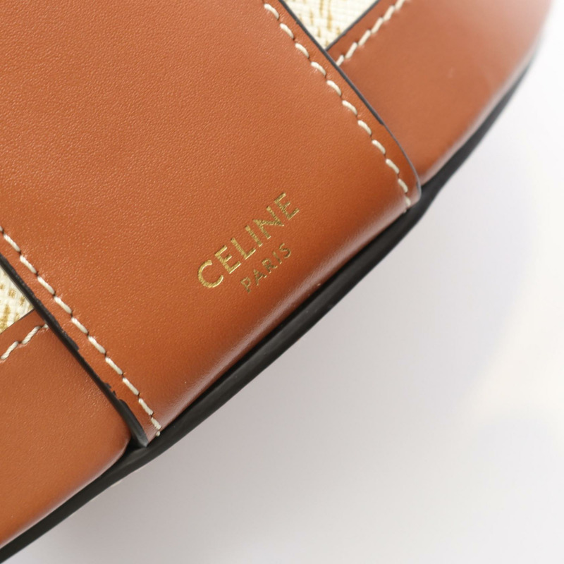 CELINE Tambour 中型 Triomphe 單肩包 帆布 皮革 白色 棕色 二手-3