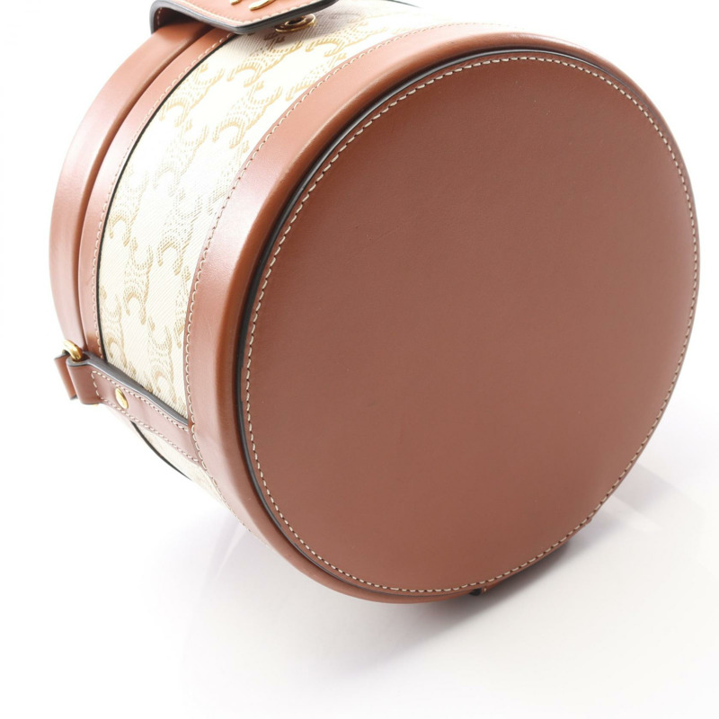 CELINE Tambour 中型 Triomphe 單肩包 帆布 皮革 白色 棕色 二手-6