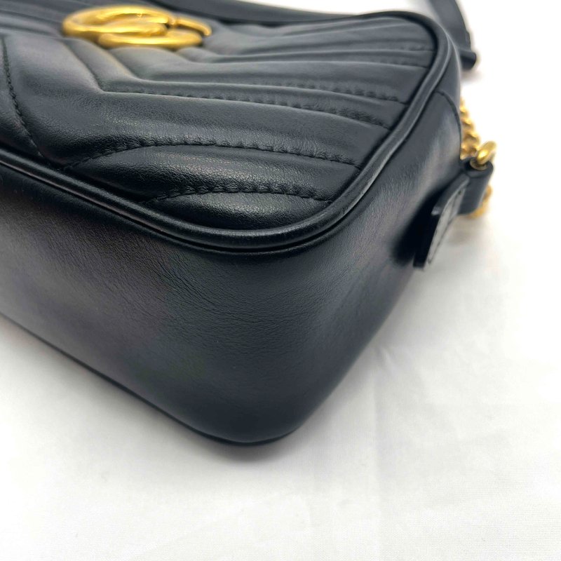 GUCCI 古馳 GG Marmont系列仿舊金色雙G LOGO黑色牛皮山型車紋相機包-3