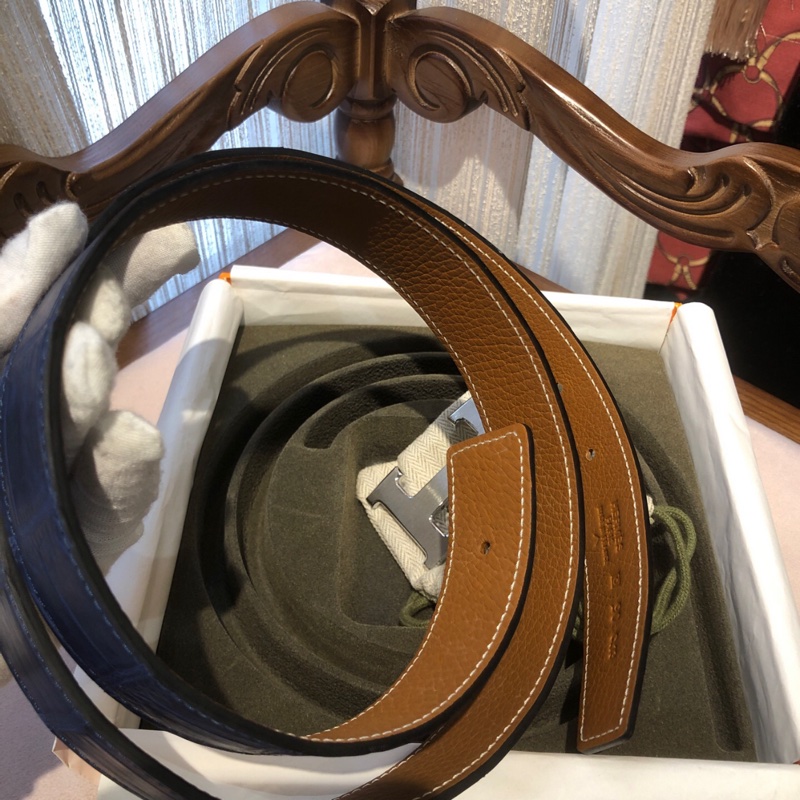 Hermes 爱马仕 蓝色鳄鱼皮皮带 框O 90×3cm-4