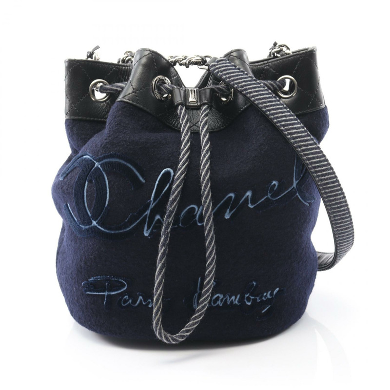 CHANEL 刺繡單肩包 A57540 羊毛皮革海軍藍黑色二手女款 SHW CC-0